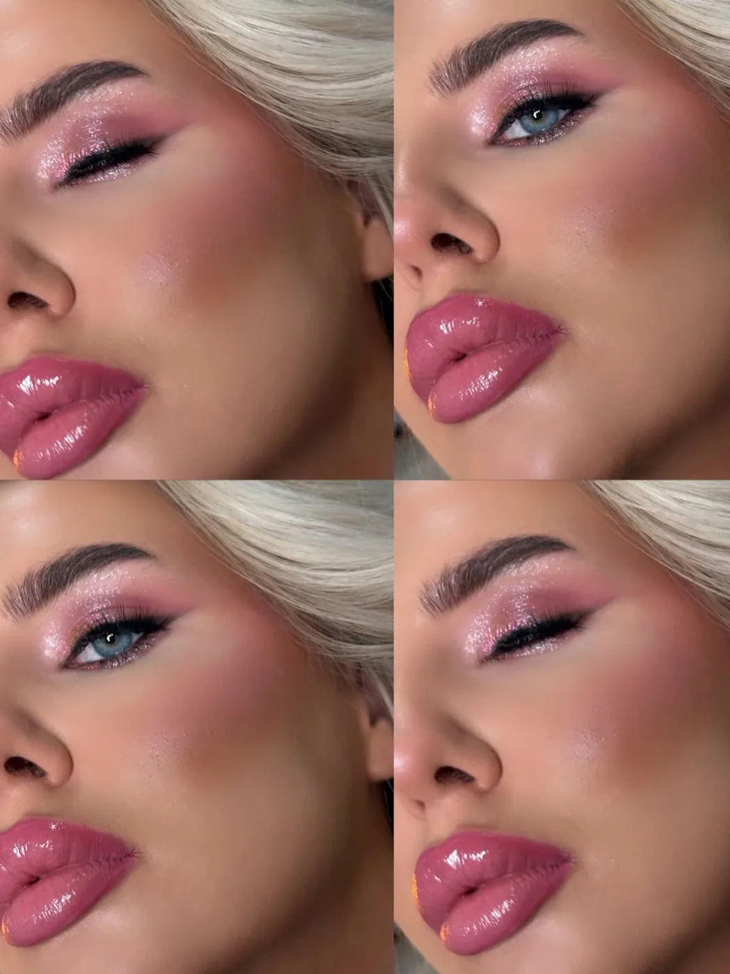 Pink glam makeup look with shimmer eyeshadow and glossy pink lips, shown from four angles